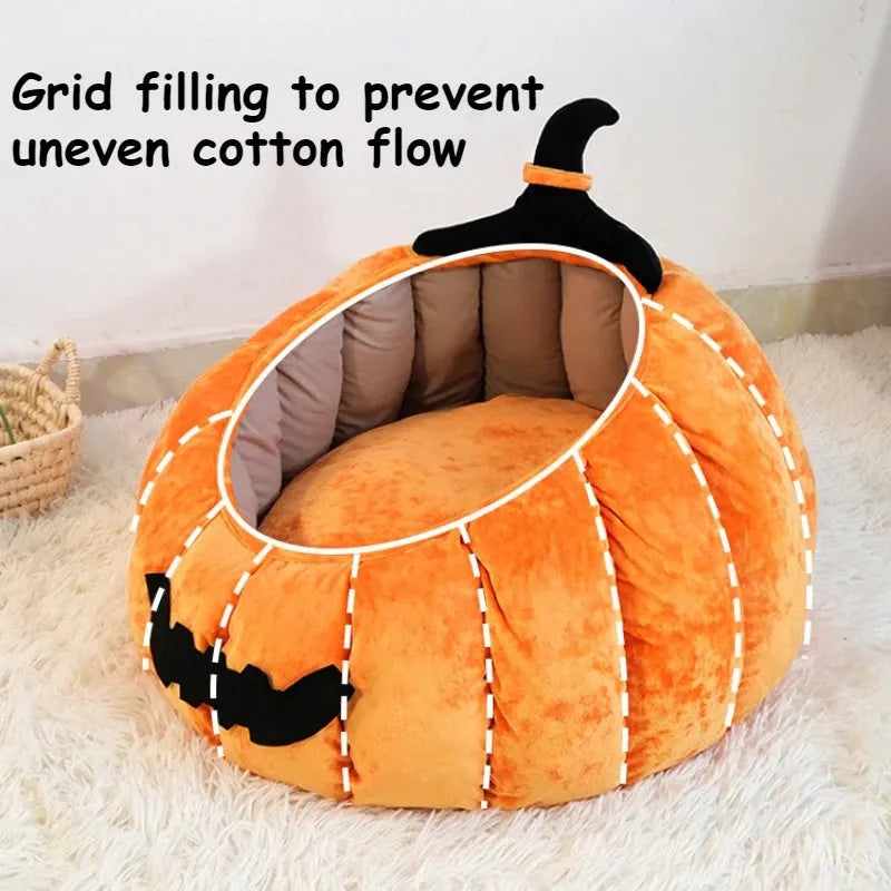 Halloween-themed cat bed with cartoon devil pumpkin design in soft plush material for small pets