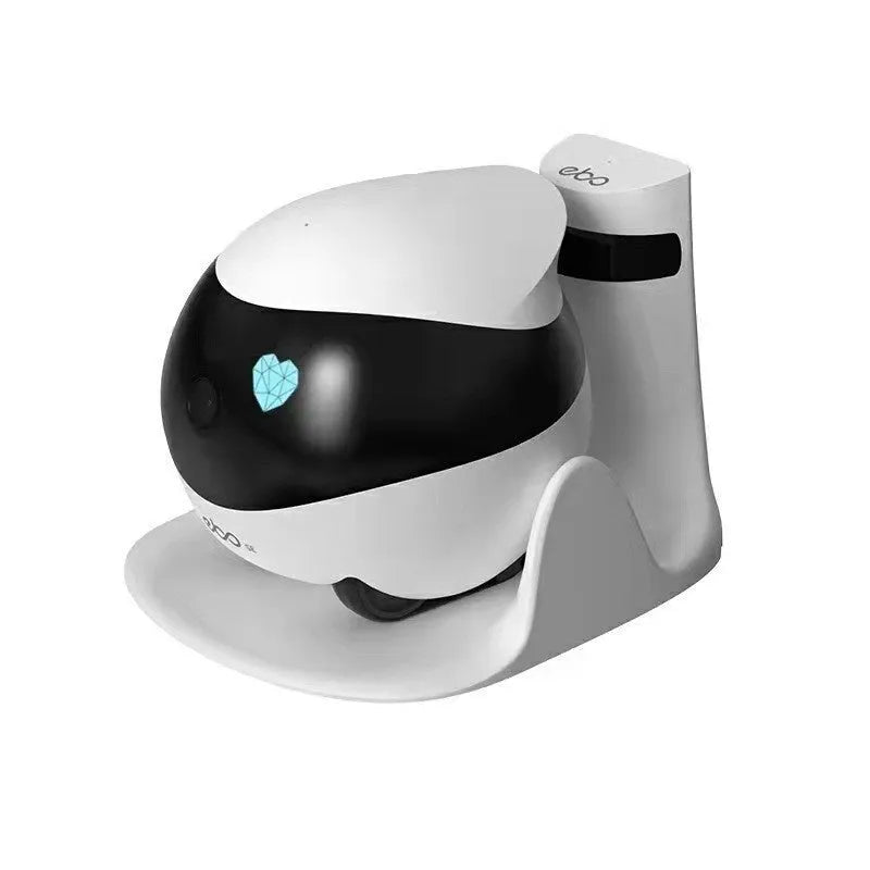 Smart home mobile surveillance robot camera in white with automatic docking station, dimensions 95x94x89mm