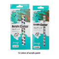 12-colour artist pigment set with tubes for acrylic, gouache, watercolour, oil painting, glass, and textile applications showing 6ml and 12ml size options