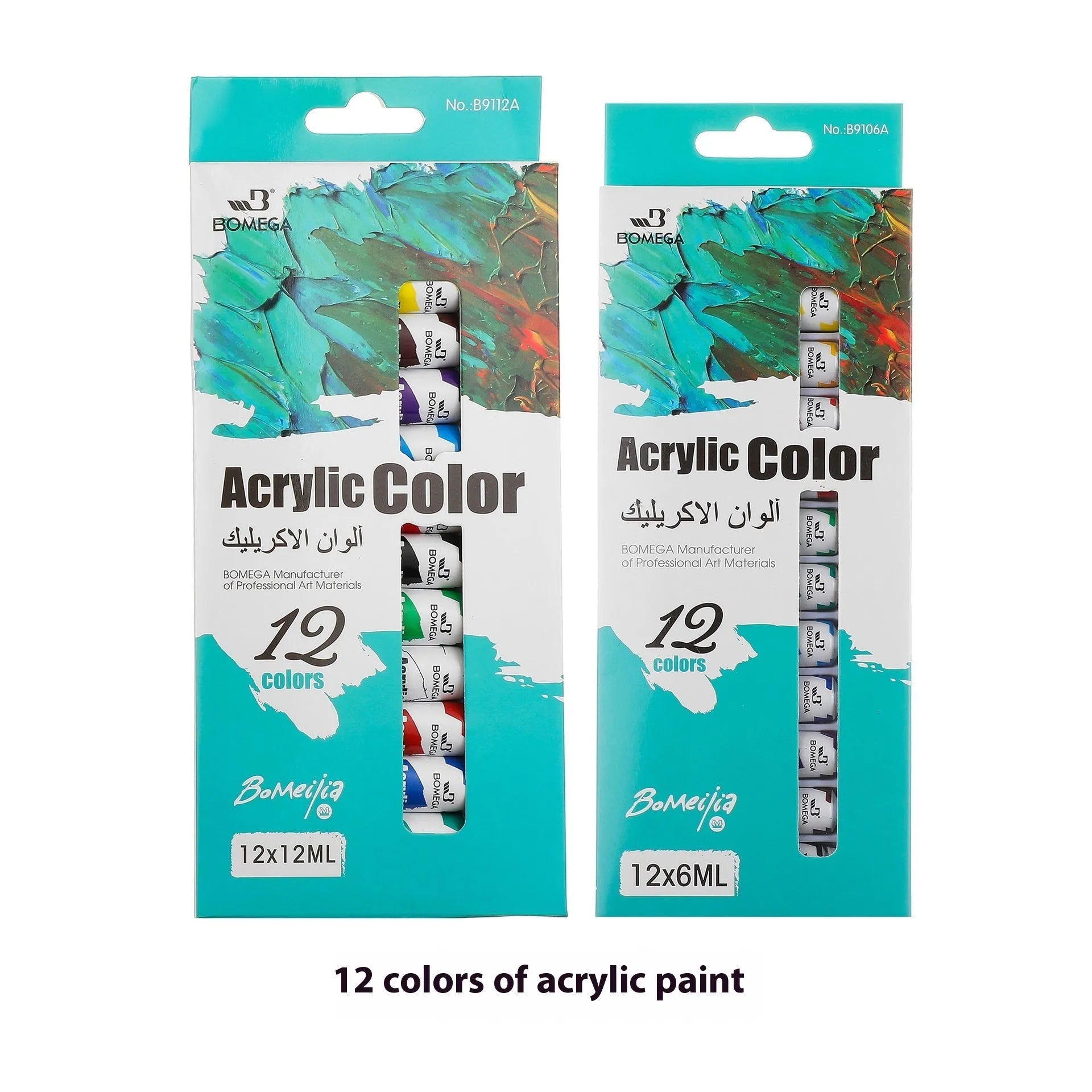 12-colour artist pigment set with tubes for acrylic, gouache, watercolour, oil painting, glass, and textile applications showing 6ml and 12ml size options
