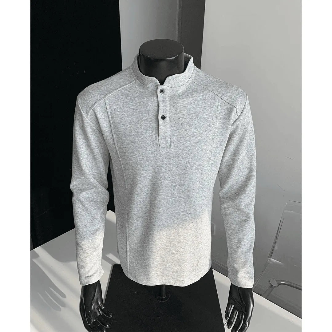 Men's patchwork stand-up collar polo shirt in heather gray with asymmetric design