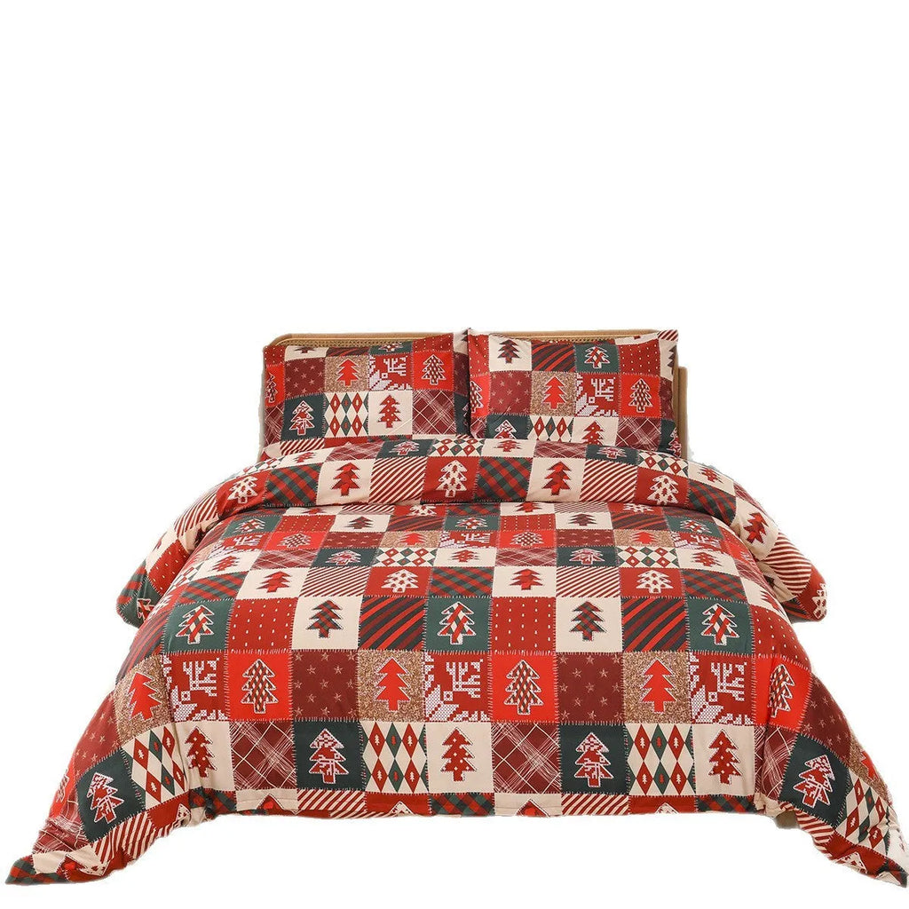 Christmas red plaid pattern bedding set with quilt cover and pillowcases on bed