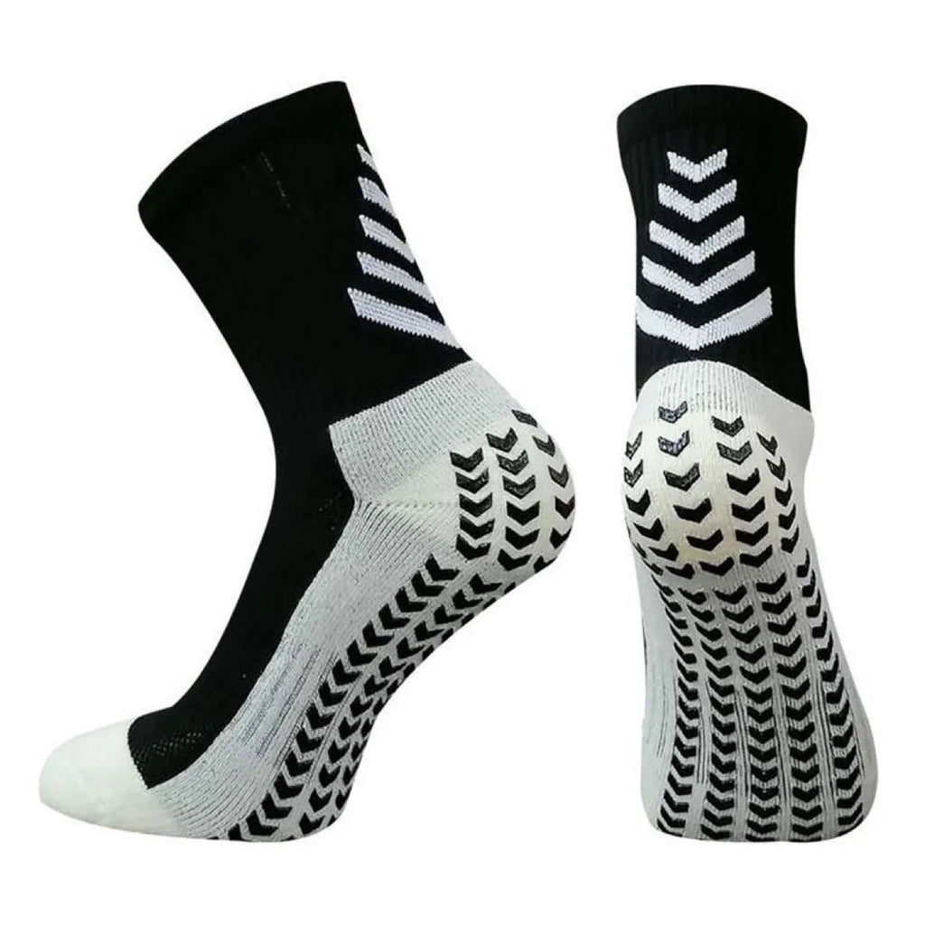 Men's mid-calf athletic socks with geometric patterns and silicone grips for football and running