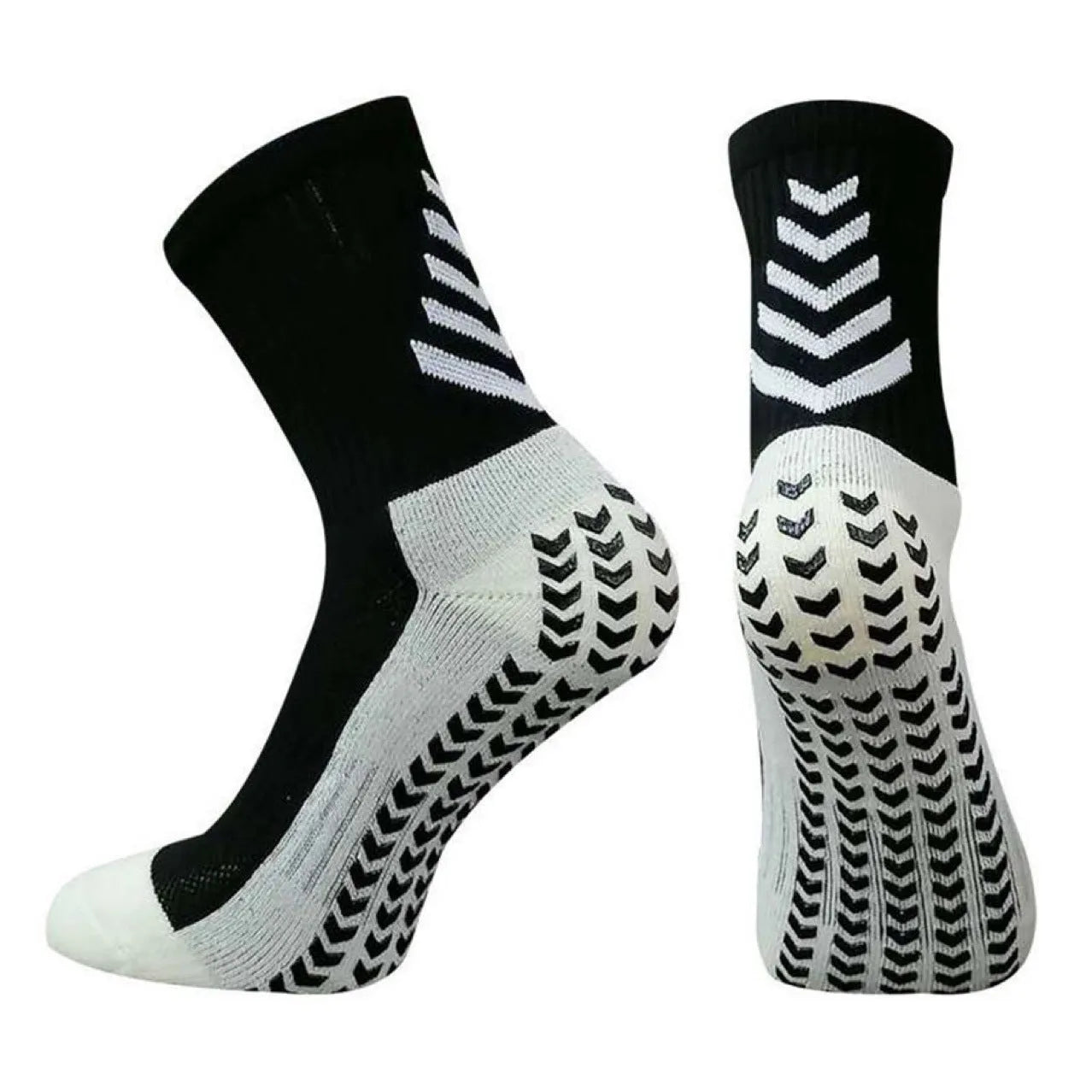 Men's mid-calf athletic socks with geometric patterns and silicone grips for football and running