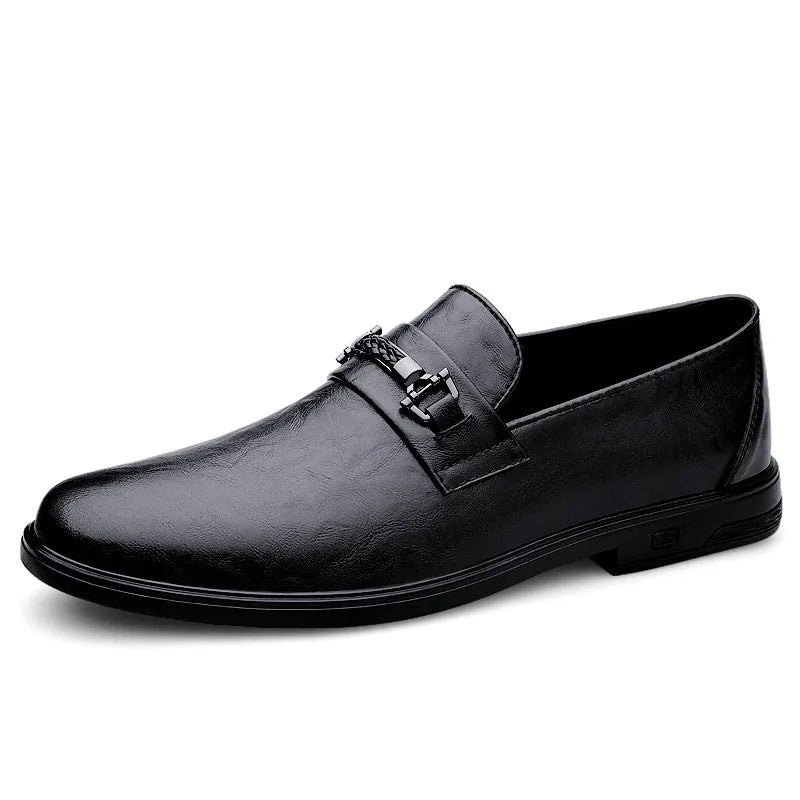 Men's low-top slip-on cowhide shoes in black or brown with rubber sole and 1-3cm chunky heel, sizes 36-46