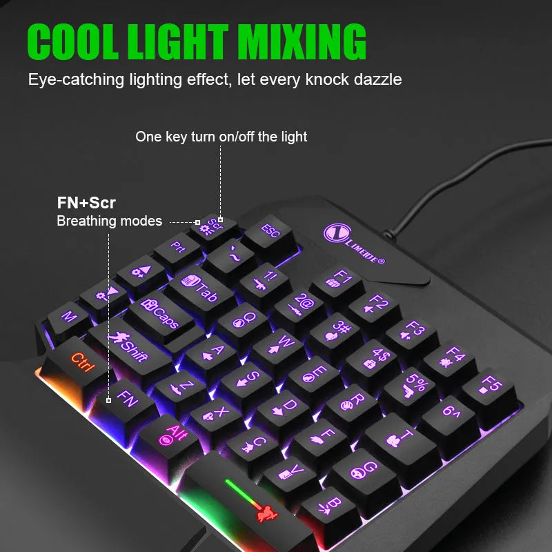 GK103S blue backlit one-handed mechanical gaming keyboard with mouse converter on gaming desk