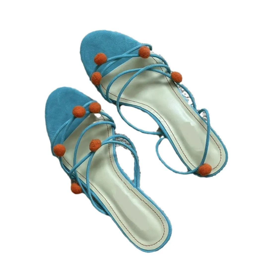 Cyan genuine leather lace-up high-heeled sandals with open toe and thin straps