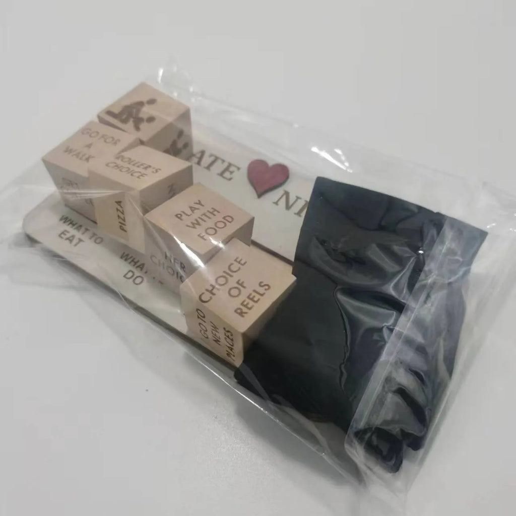 Wooden date night dice set with five dice, date planner board, and black storage bag