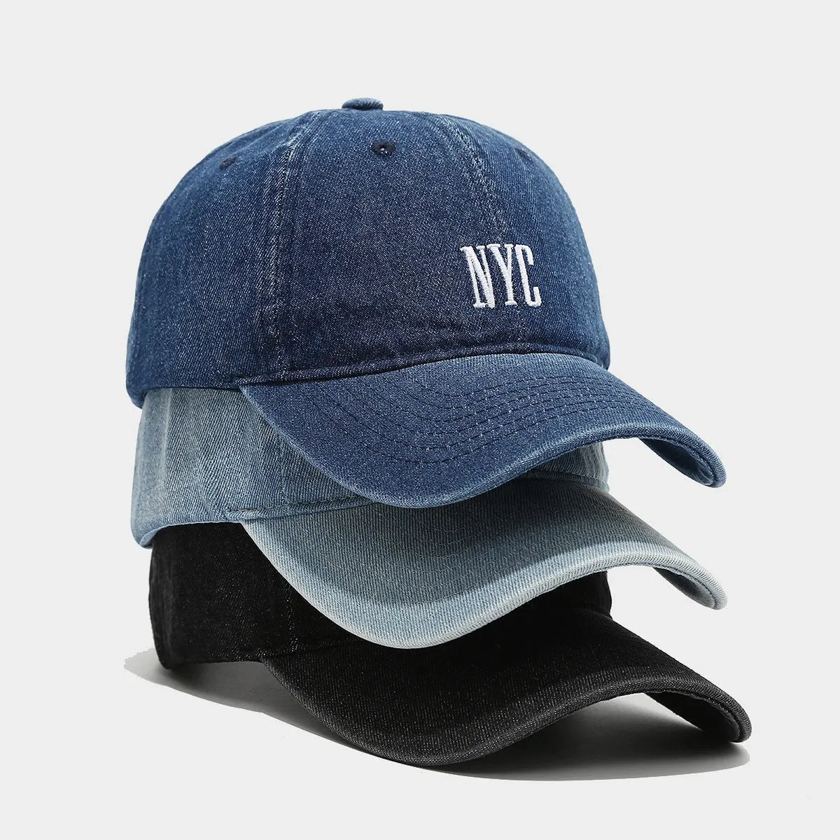 Denim baseball cap with alphabet letters in adjustable black, dark blue or light blue