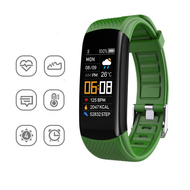 Black TPU pedometer bracelet with 0.96-inch touchscreen displaying step count on wrist