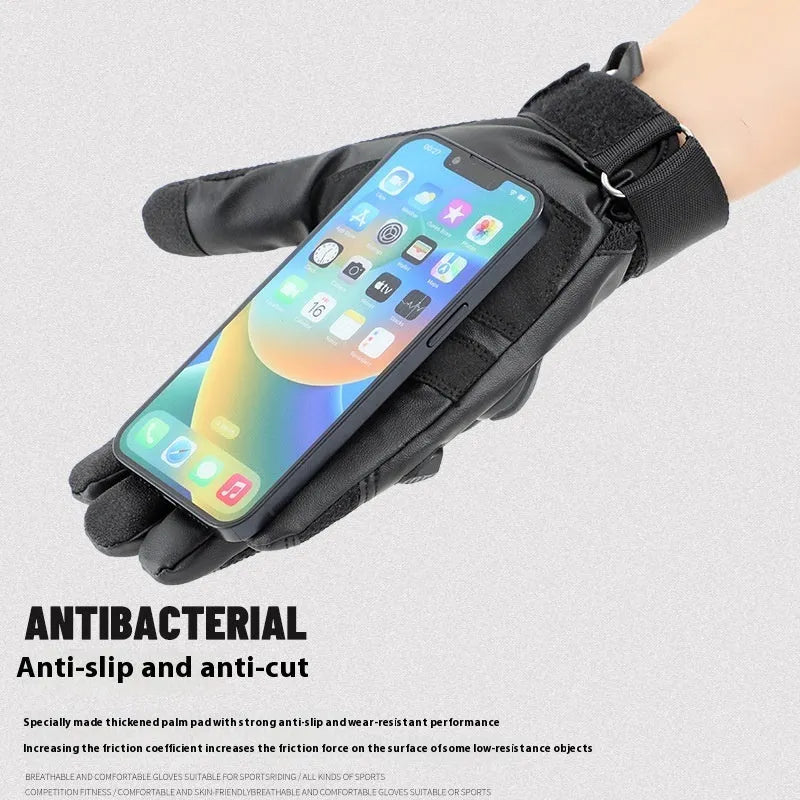Men's black full finger tactical gloves with touchscreen pads on fingers, shown in sizes M, L, XL.