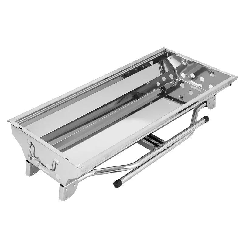 Stainless steel portable barbecue oven with flip design, showing 72cm width and integrated charcoal stove structure
