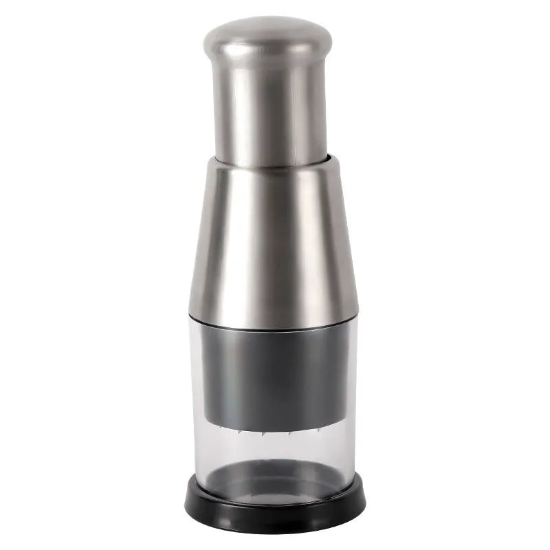 Manual garlic crusher and onion chopper with stainless steel blades on food-grade plastic base