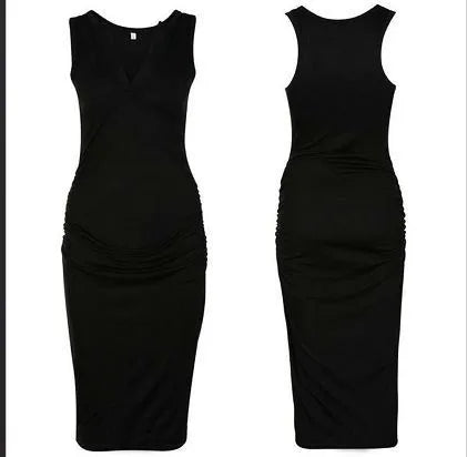 Sleeveless deep V-neck solid colour maternity dress on a hanger.