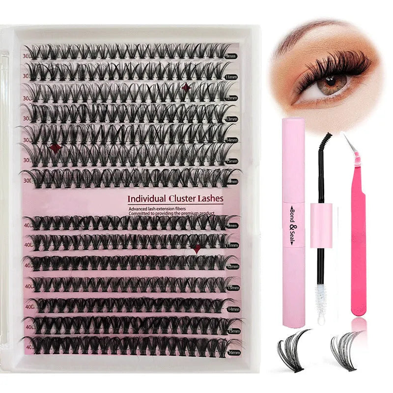 Mixed package of DIY cluster false eyelashes in 30D and 40D densities with tweezers, lengths 9-16mm.