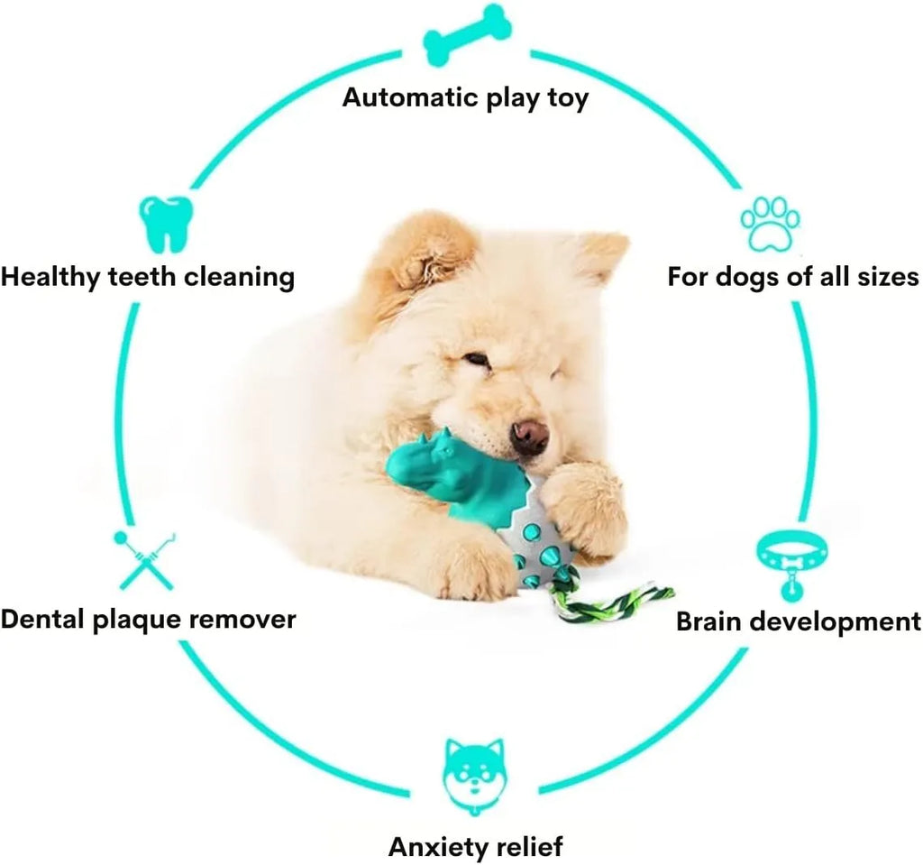 Blue dinosaur-shaped dog chew toy with interactive rope, nubs for dental cleaning, size 129x97x82.5mm