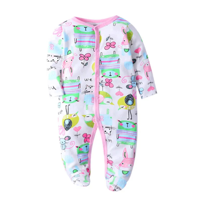 Cotton one-piece baby romper with long sleeves, shown in dinosaur print and other style options for 0-12 month infants.