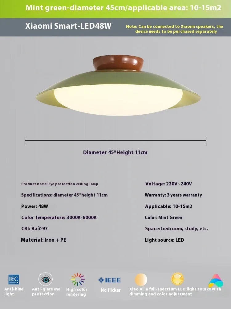 Modern flying saucer ceiling lamp with minimalist design in cream-style finish, showing diameter options and colour variations