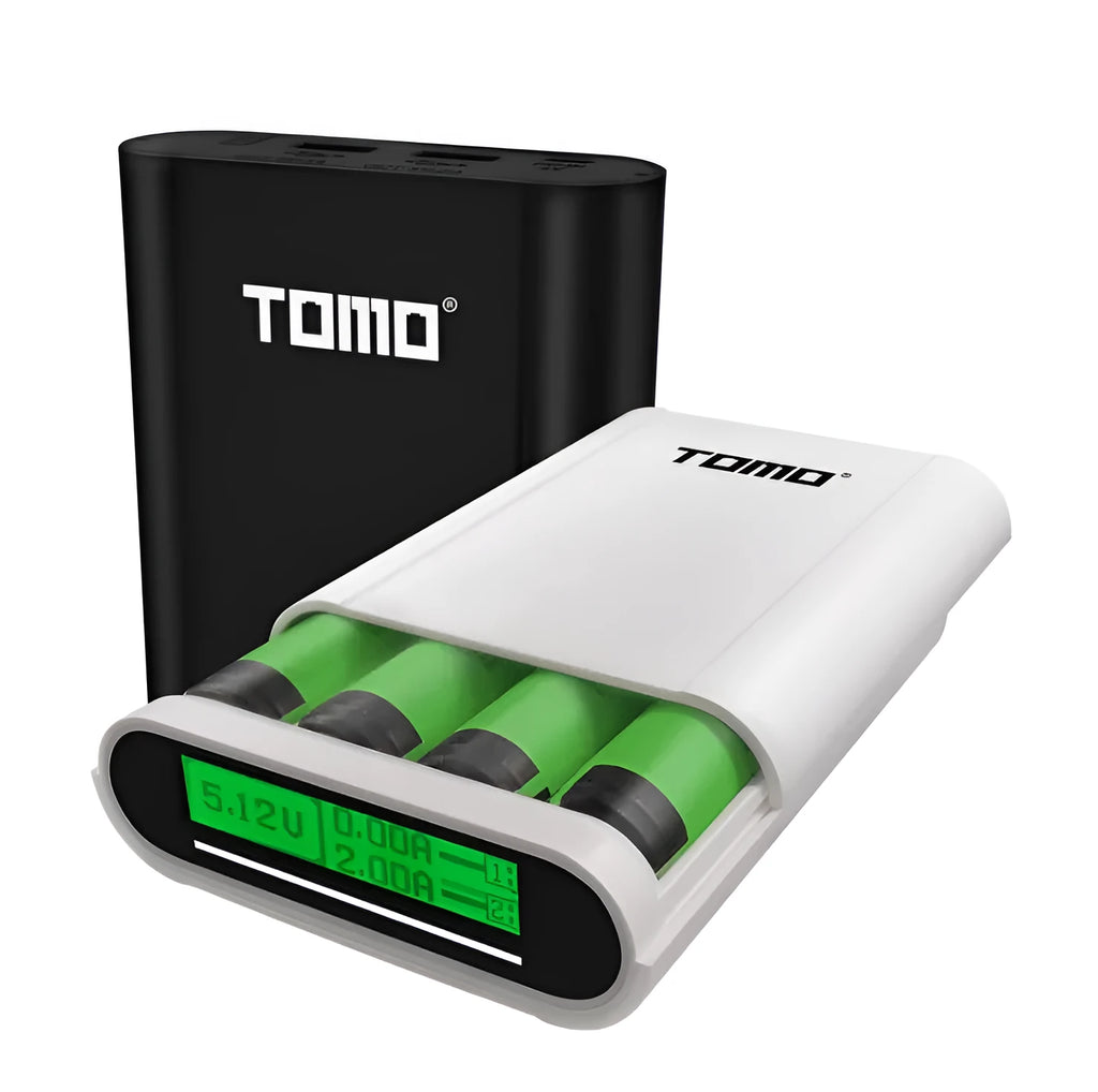 Black DIY power bank kit with LCD display showing battery levels and dual USB charging ports