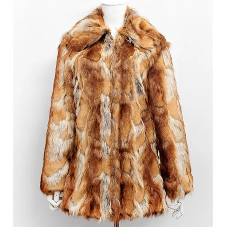 Women's tiger pattern artificial fur jacket with 65cm medium length and street fashion styling