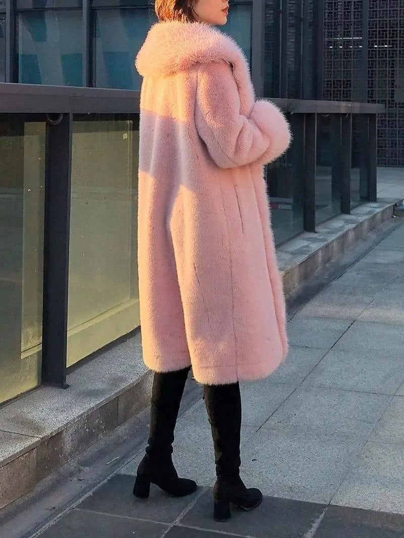 Women's mid-length faux rabbit fur coat in grey with artificial fur collar, showing 80cm length and regular sleeves.