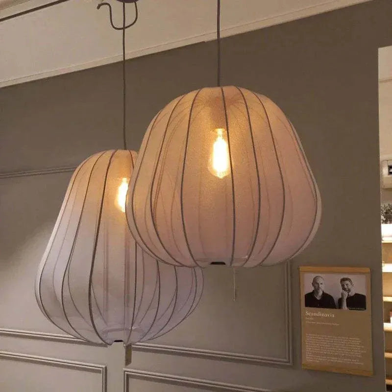 Japanese-style net pumpkin ceiling lamp with iron frame and fabric covering in grey-blue finish