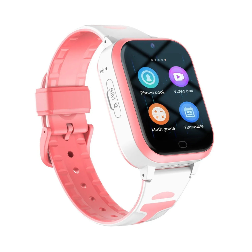 Child's 4G smartwatch with colour touchscreen on a wrist strap in black, blue, or pink