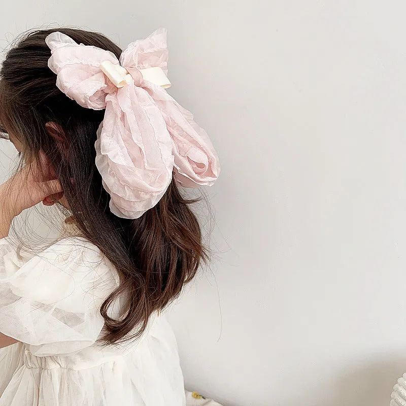 Children's pink retro bow hair clip with cloth ribbon bow and press clip for girls' hair