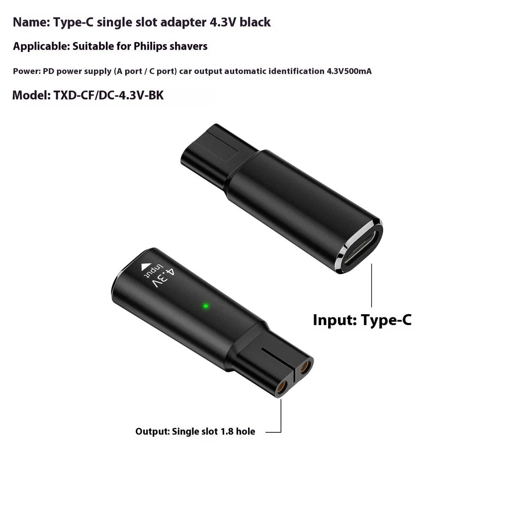 USB-C charging adapter for electric shavers with 8W power output and 4.3V voltage specification