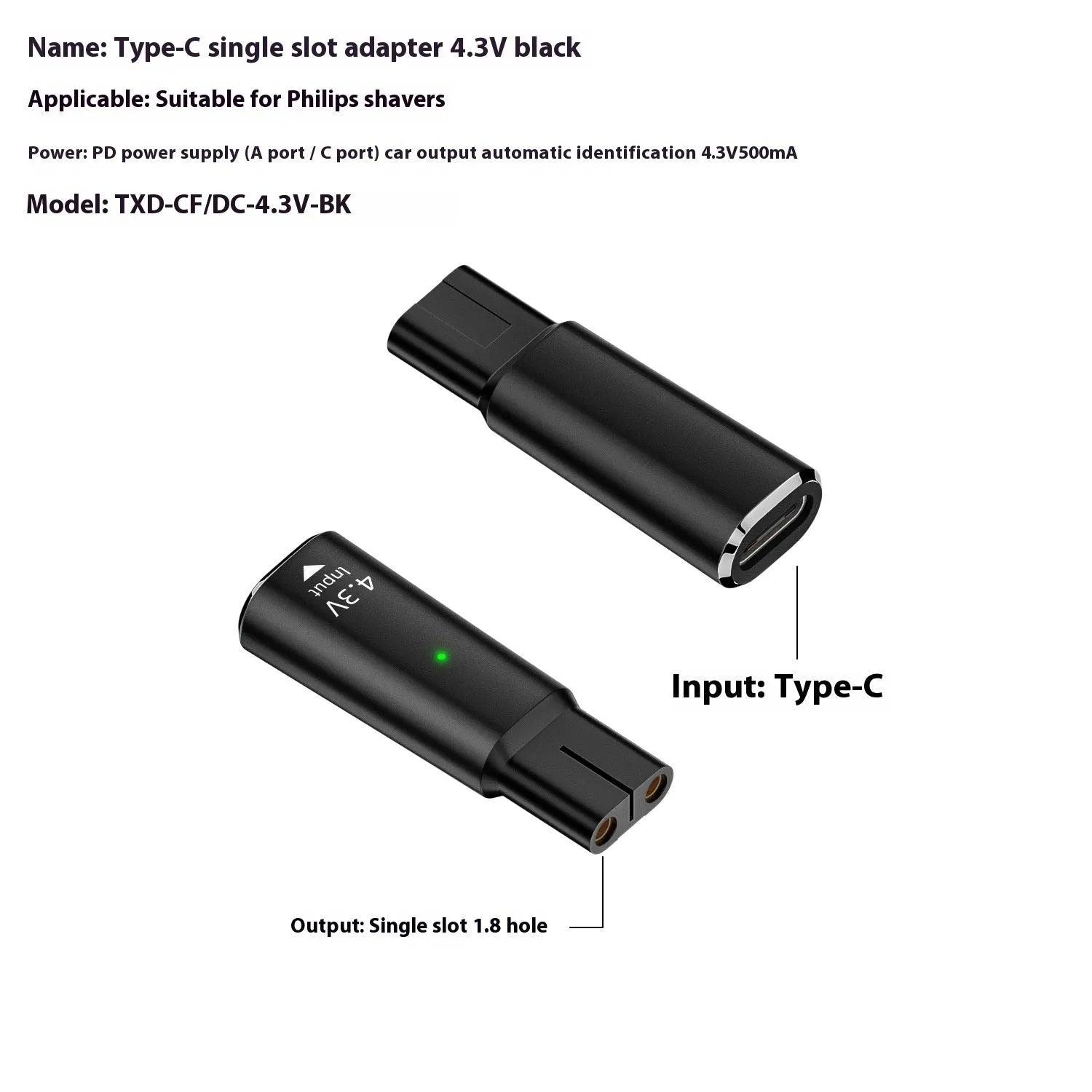 USB-C charging adapter for electric shavers with 8W power output and 4.3V voltage specification