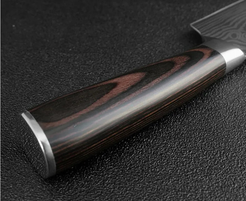 Santoku chef knife with laser Damascus pattern blade and coloured wood handle, blade length 7 inches.