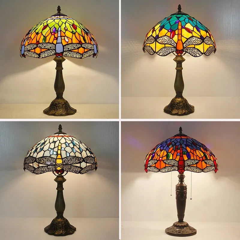 Tiffany dragonfly stone table lamp in blue or green, European-style design with 7W LED bulb for bedroom or living room
