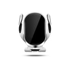 Silver portable plastic car phone holder with electric clamping mechanism, universal fit, compact design.