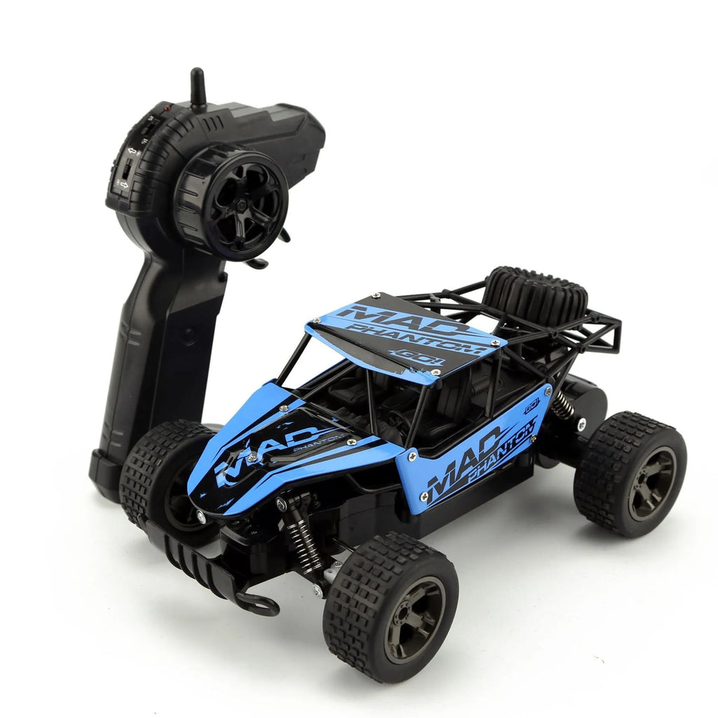 Blue 1:18 scale remote control off-road drift car with 2.4G transmitter on a track