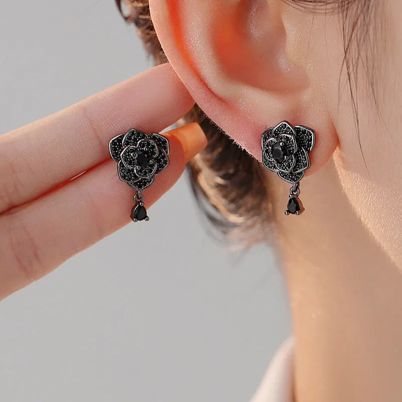 Black rose zircon stud earrings with floral design and 18K gold-plated finish