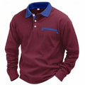 Men's long-sleeved waffle polo shirt with asymmetric design in wine red colour, showing texture detail and loose fit