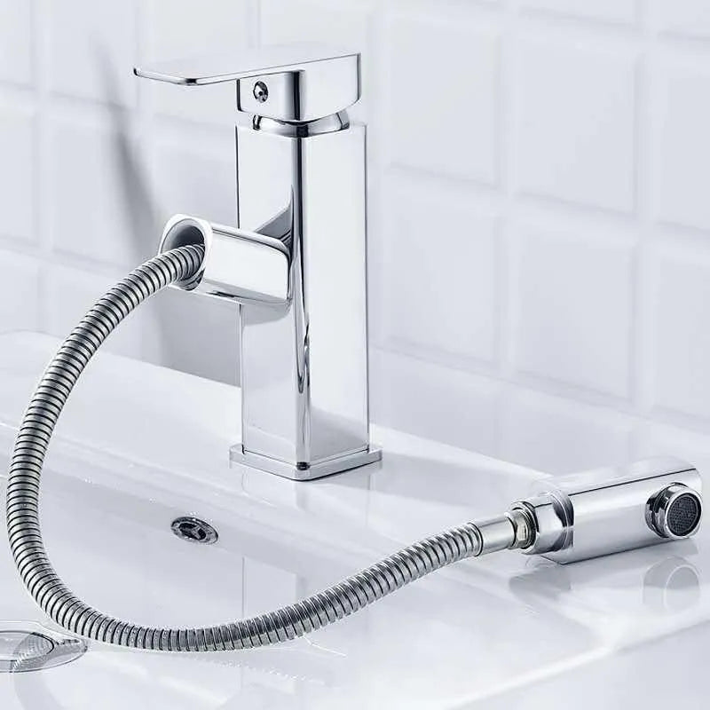 Brass square pull faucet with brushed gold finish for basin, showing high and low spout style options.