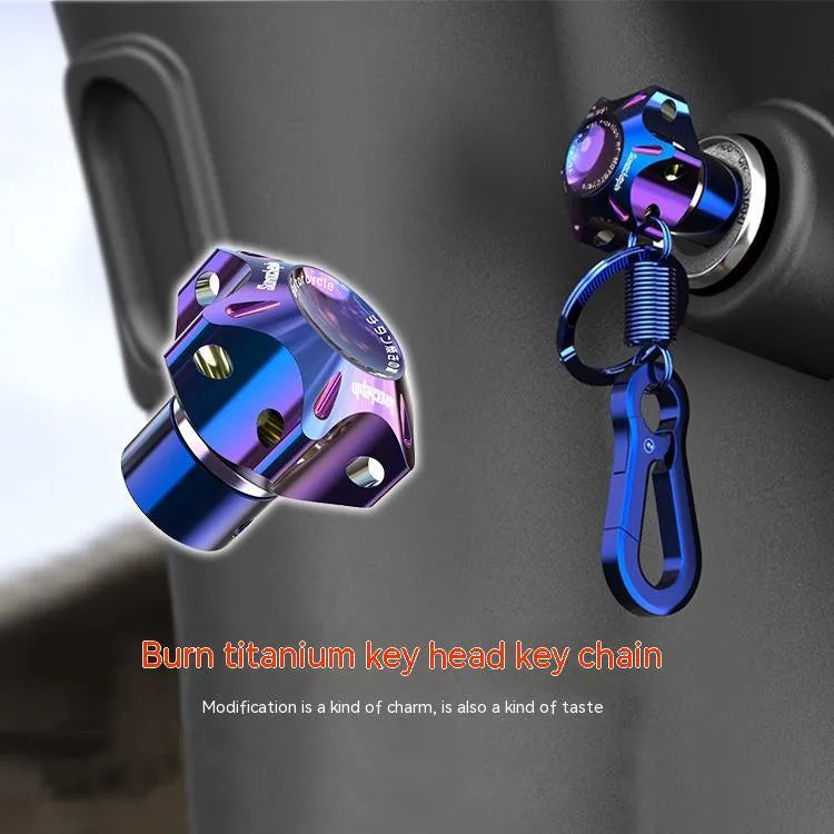 Motorcycle key cover in T6 aluminium alloy with universal fit for 1.6x9mm keys, showing design options