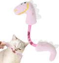 Four plush cat chew toys in pink, purple, and yellow colours showing mouse, fish, bunny, and catnip designs