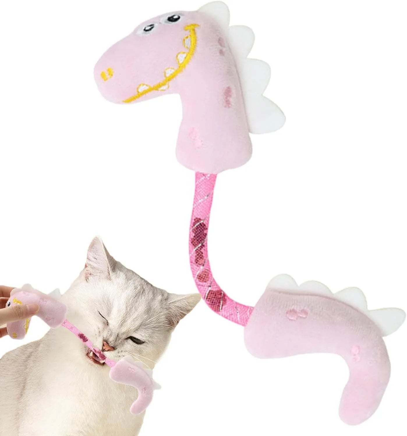 Four plush cat chew toys in pink, purple, and yellow colours showing mouse, fish, bunny, and catnip designs