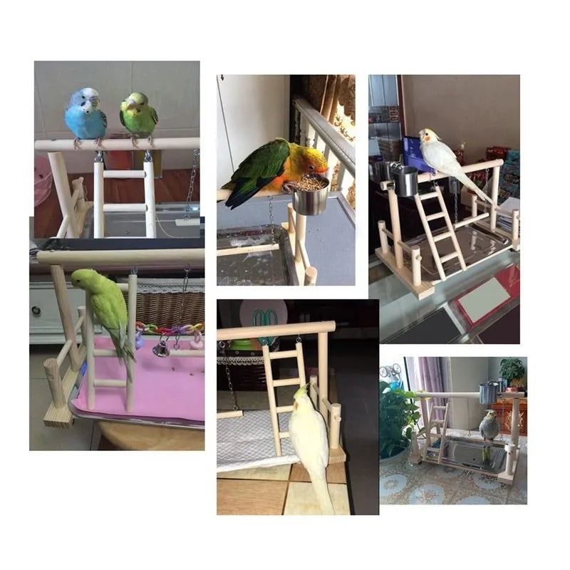 Wooden small cockatiel floor parrot standing stand, 53 x 23 x 36cm, with ladder and stainless steel tray