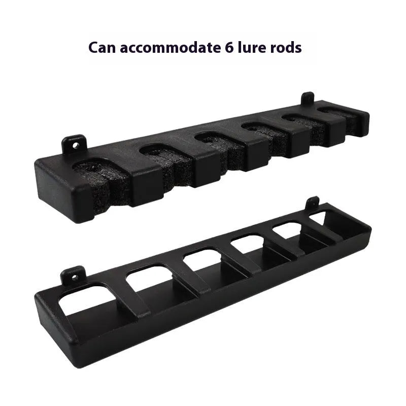 Black ABS plastic wall-mounted fishing rod storage rack showing horizontal and upright mounting options