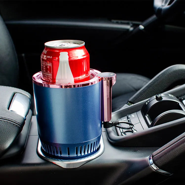 Black car cup holder drink warmer and cooler with digital temperature display showing heating function