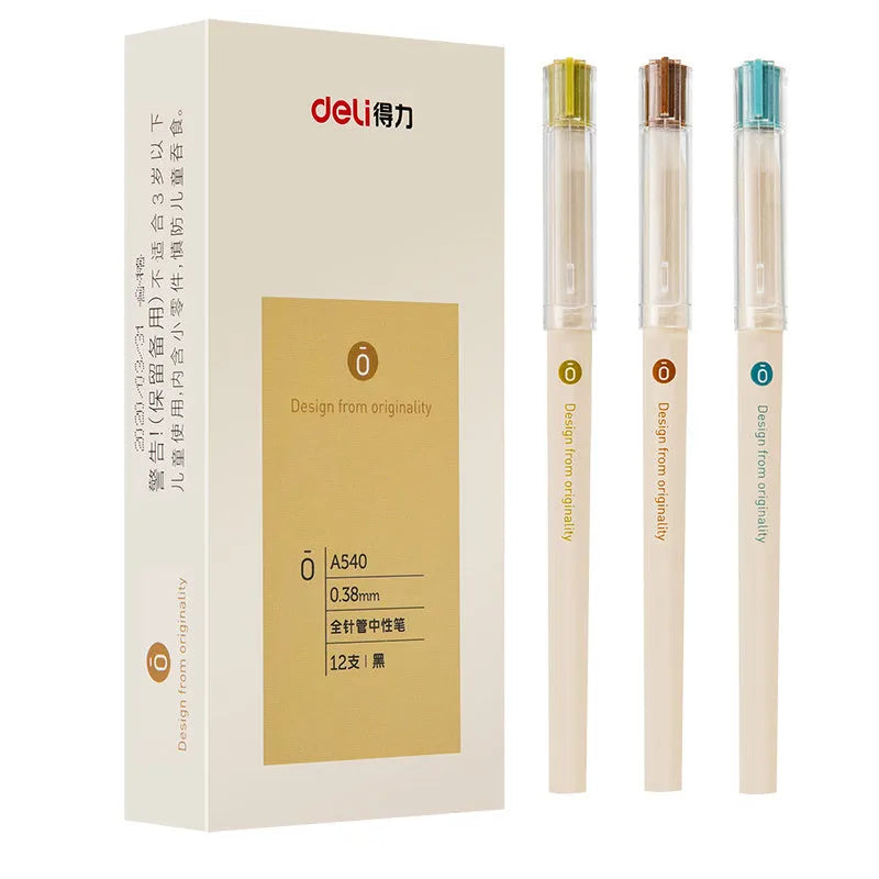 Deli A540 0.38mm black gel pens with needle tube tips in box of 12 units