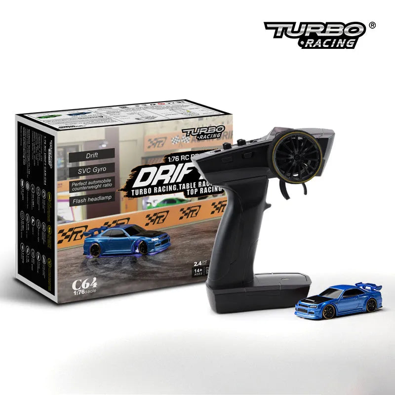Turbo Racing C64 1:76 scale blue RC drift car with remote control