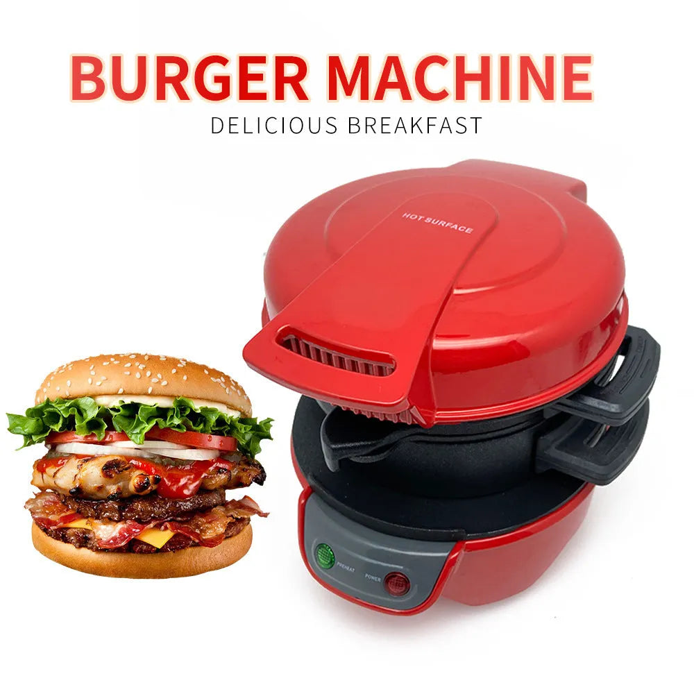 Household breakfast machine in bright red with sandwich maker and egg cooker ring, 22cm by 17.5cm size