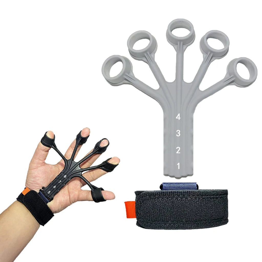 Black silicone finger trainer with adjusting belt for rehabilitation exercises