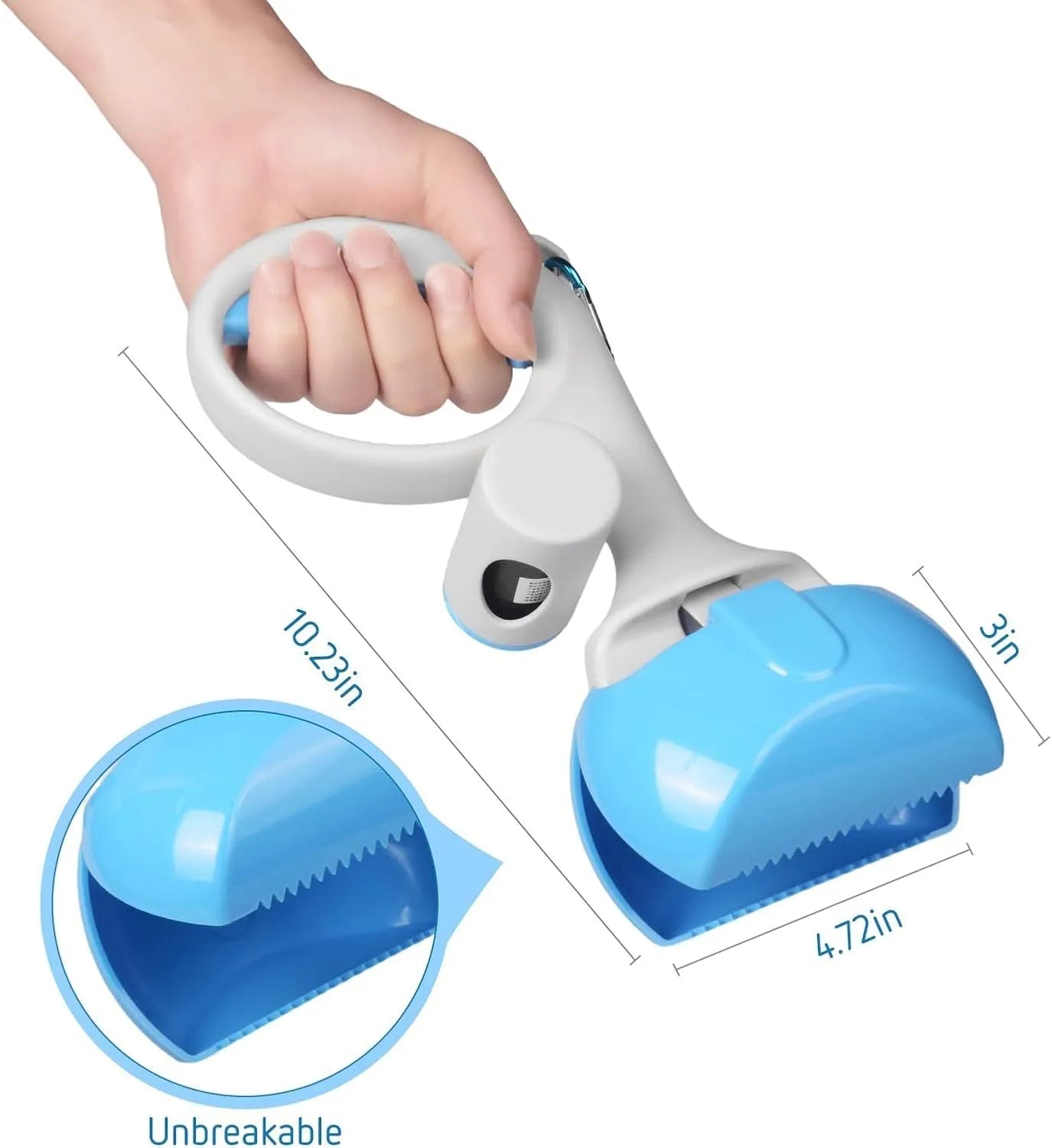 Black pet pooper scooper with integrated trash bag holder, heavy-duty ABS plastic, measures 24cm