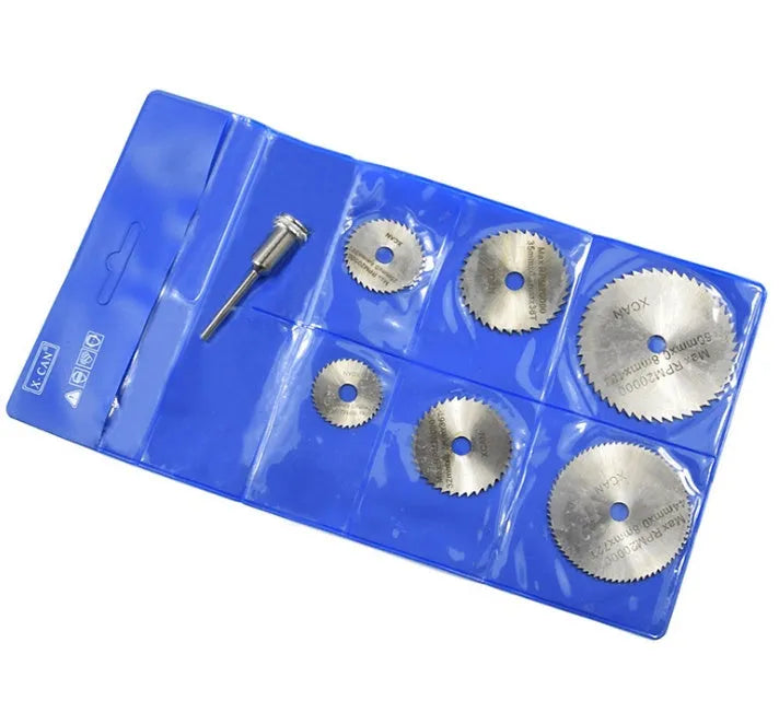 Six circular saw blades with mandrel, diameters from 10mm to 25mm, high-speed steel construction