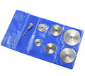 Six circular saw blades with mandrel, diameters from 10mm to 25mm, high-speed steel construction